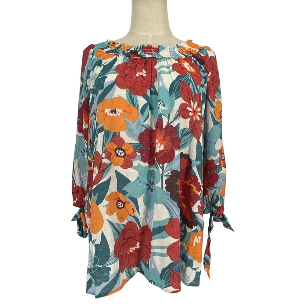 By Design Floral Smocked Neck Blouse Womens L Colorful Tie Cuff Top Cottagecore